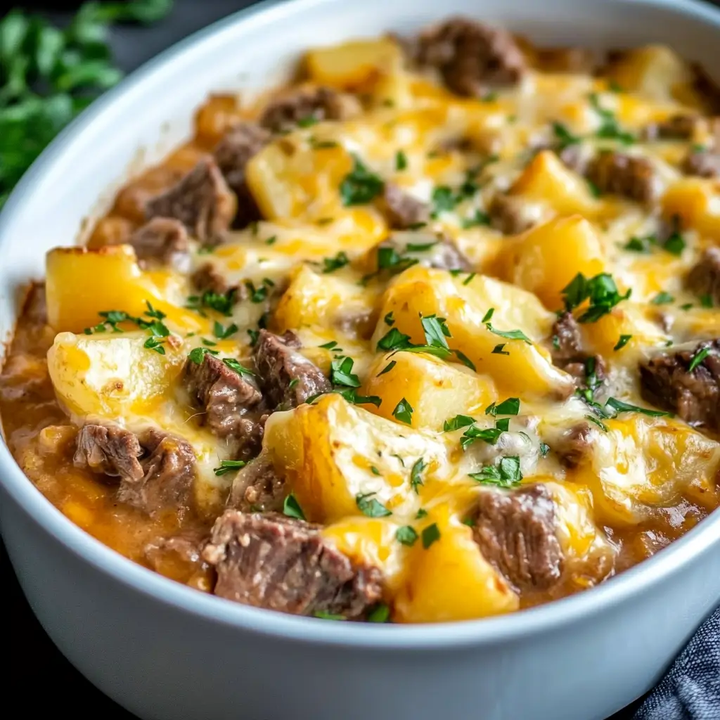 Recipe card for Slow Cooker Steak and Cheddar Potato Casserole